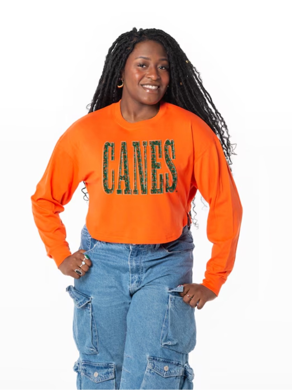 Never worn—University of Miami Orange 'CANES' Graphic Long Sleeve Crop Tee